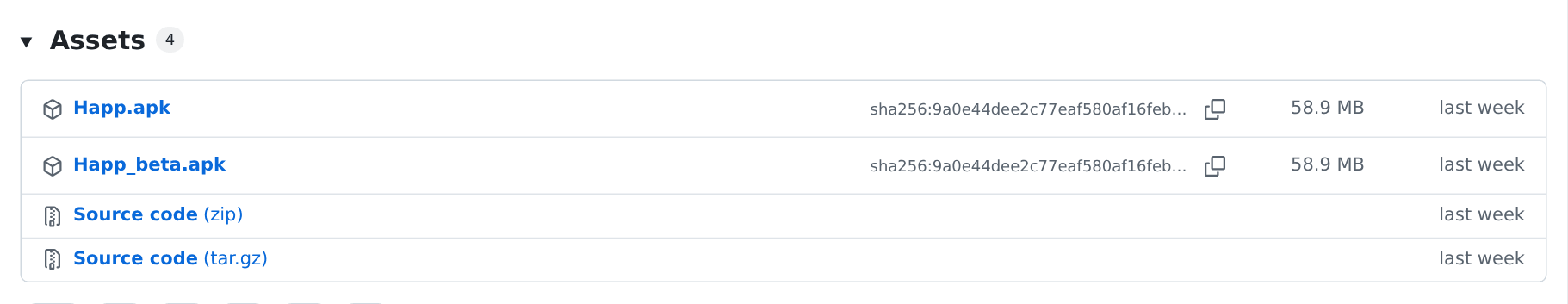 Раздел Assets релиза Happ для Android на GitHub с файлом Happ.apk и его размером