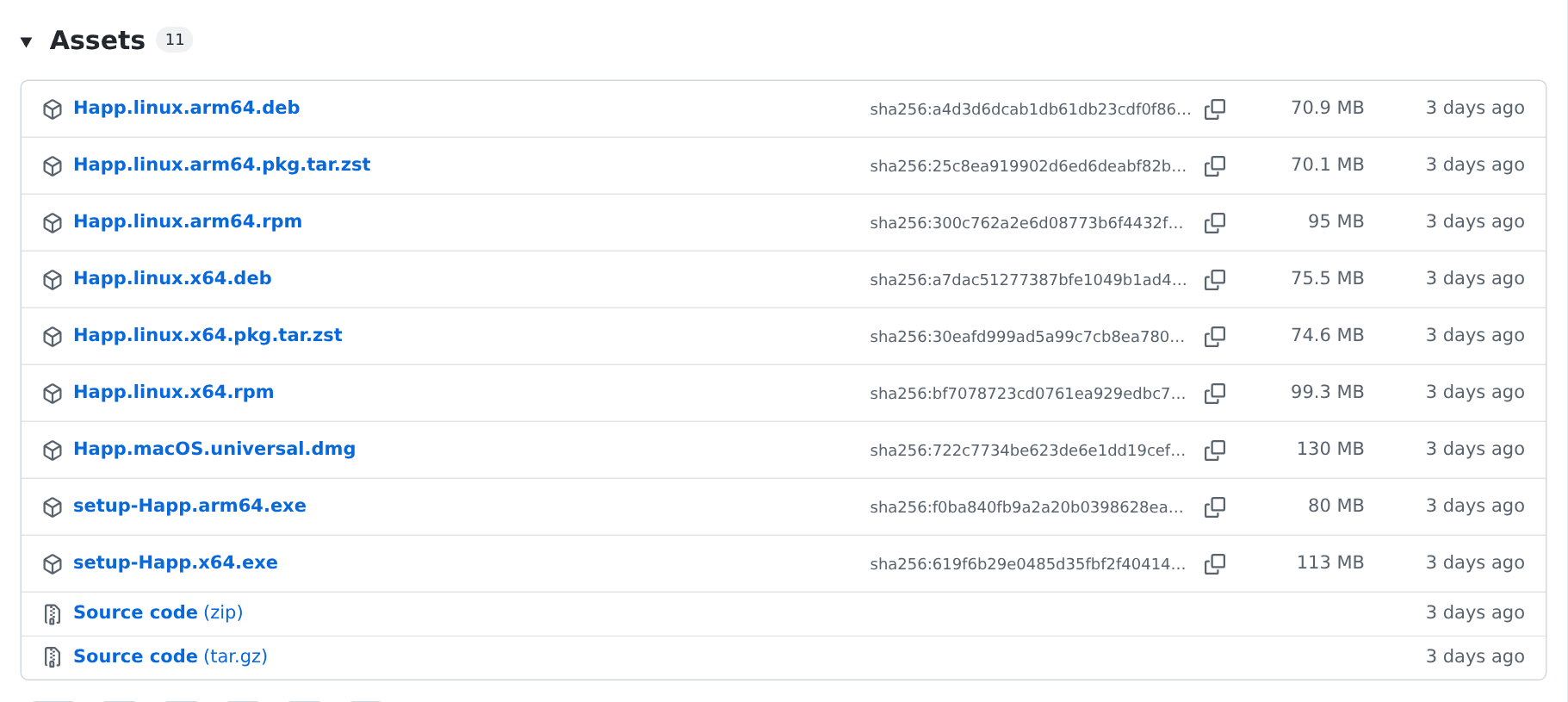 Раздел Assets релиза Happ на GitHub: список файлов для Windows, macOS и Linux с размерами
